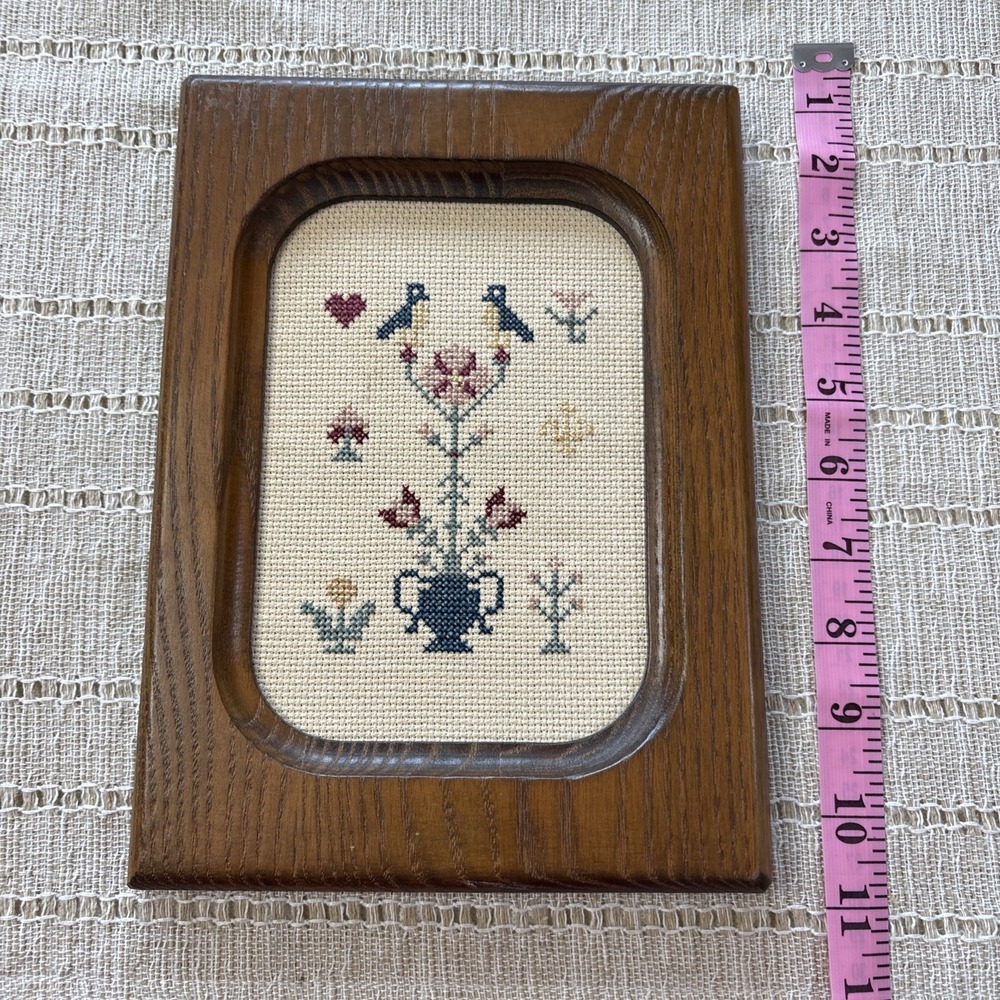 Vintage Needlepoint Cross Stitch Birds Floral Wood Frame Wall Art Handmade 10x7